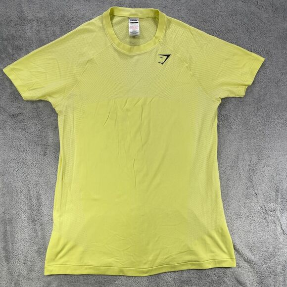 Gymshark T Shirt Mens M Yellow Mesh Detail Logo Nylon Raglan Sleeve - Picture 1 of 9